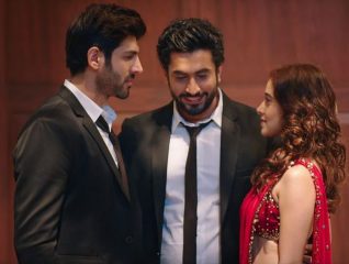 Kartik Aaryn, Nushrat Bharucha, and Sunny Singh in a movie still